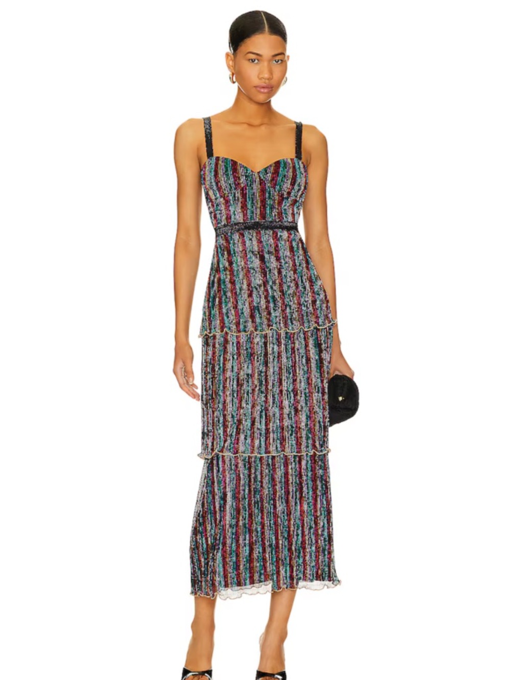 SAYLOR Aviva Striped Rainbow Midi Dress - Black with Multicolor Stripes